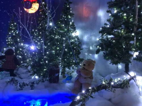 A cozy winter scene with decorated trees, twinkling lights, a teddy bear, and a snowy backdrop.