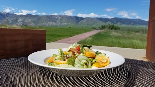 A fresh salad with greens, tomatoes, and cucumbers, set against a scenic mountain backdrop on a sunny day.