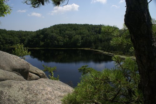 A serene lake surrounded by lush greenery and rocky outcrops under a clear blue sky.
