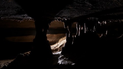 A dimly lit cave with stalactites and stalagmites, showcasing natural rock formations and shadows.