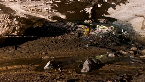 A person in yellow gear stands in a dark cave, surrounded by rocks and a small stream under a rocky ceiling.