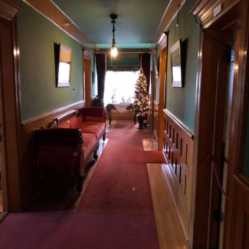 A vintage hallway with green walls, a red carpet, a sofa, and a decorated Christmas tree by a window.