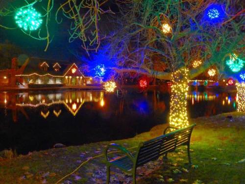A serene night scene with a decorated tree and house reflecting in a calm lake, surrounded by colorful holiday lights.