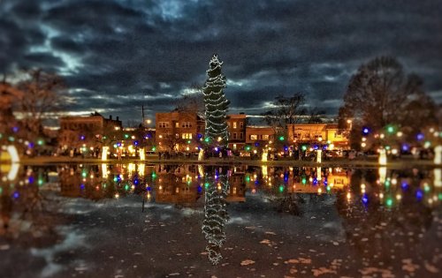 A festive scene with a lit Christmas tree reflected in a calm pond, surrounded by colorful lights and a cloudy sky.