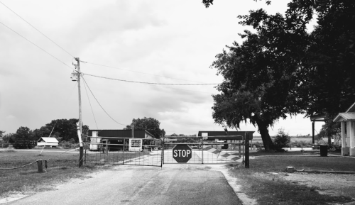 A black and white image of a gated entrance with a "STOP" sign, surrounded by trees and buildings in the background.