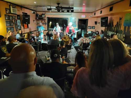 A lively music performance in a cozy venue, with an audience enjoying the show from their seats.