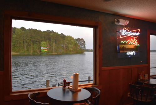 View from a restaurant window overlooking a lake surrounded by trees, with a neon sign on the wall.
