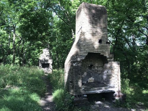 Two brick chimneys stand among lush greenery, remnants of old structures in a wooded area.