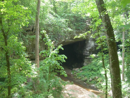 A dark cave entrance surrounded by lush green trees and a small stream flowing nearby.