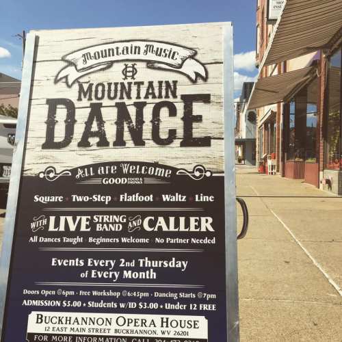 Poster for a mountain dance event at Buckhannon Opera House, featuring live music, various dance styles, and admission details.