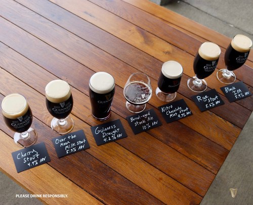 A wooden table displays seven glasses of Guinness beer, each labeled with its name and alcohol content.