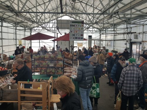 A bustling indoor market with people browsing stalls, surrounded by greenery and natural light.