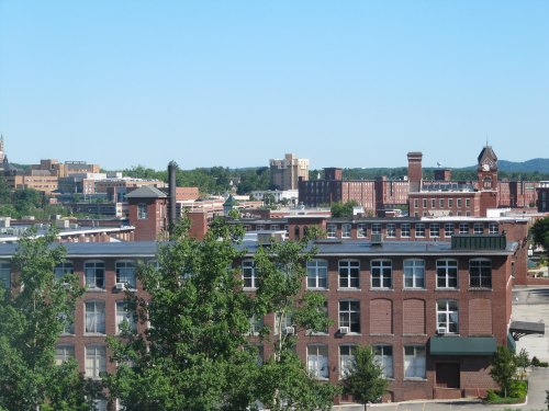 A view of a city skyline featuring brick buildings and a clear blue sky. Green trees are in the foreground.