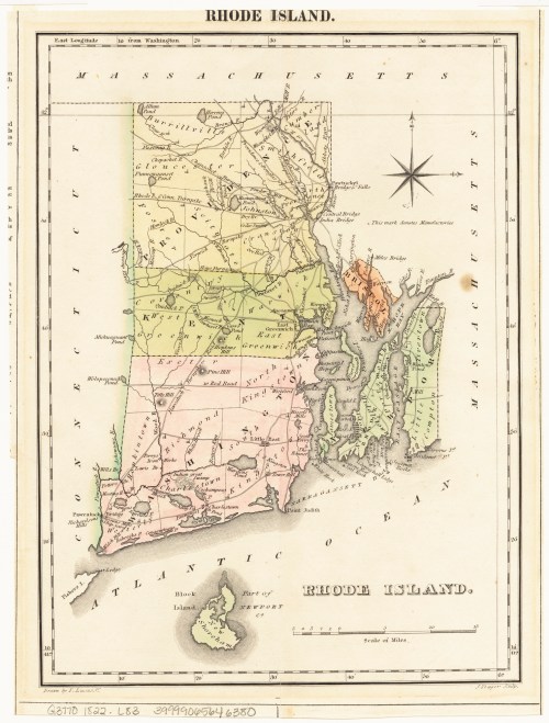 Map of Rhode Island from 1822, featuring colored regions, towns, and geographic details, with a compass rose.