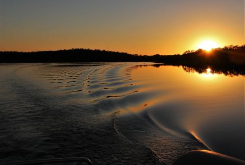 Sunset over a calm lake, with gentle ripples reflecting the warm colors of the sky and silhouetted trees in the background.