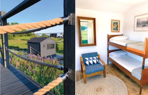 A scenic view of a cabin surrounded by greenery, and a cozy interior with bunk beds and a chair.