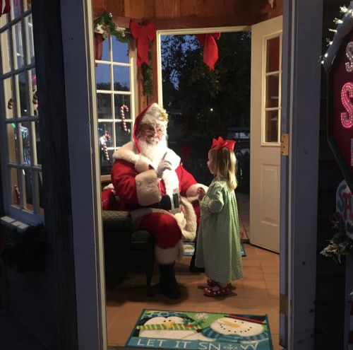 A child in a green dress talks to Santa Claus in a warmly decorated room, with festive decorations and lights.