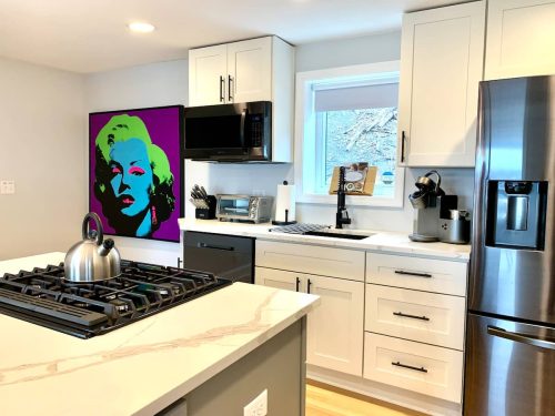 Modern kitchen featuring a gas stove, stainless steel appliances, and a colorful Marilyn Monroe artwork on the wall.
