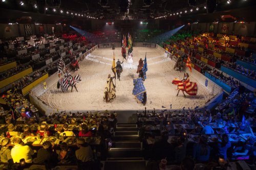 A medieval tournament scene with knights on horseback, colorful banners, and a cheering audience in a dimly lit arena.