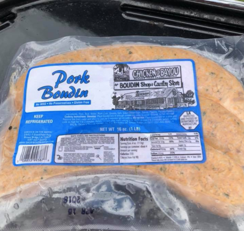 Package of Pork Boudin, a gluten-free sausage, displayed in a clear plastic wrap with nutritional information.