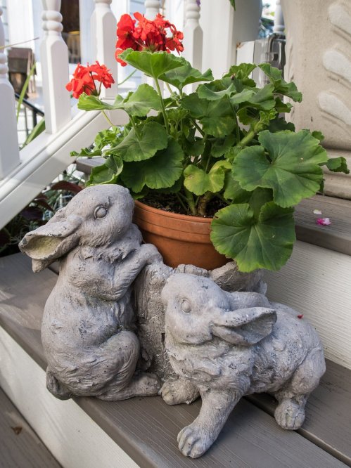Two stone rabbit sculptures beside a potted plant with vibrant red flowers on a wooden porch.
