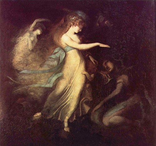 A mystical scene featuring a woman in a flowing dress, surrounded by ethereal figures in a dark, dreamlike setting.