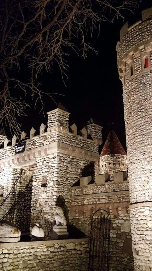 A stone castle with towers and battlements, illuminated at night, surrounded by bare trees.