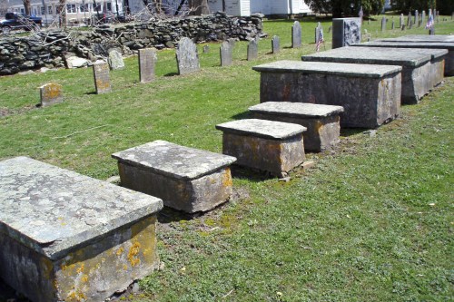 A row of weathered stone graves in a grassy cemetery, some covered in moss and lichen.