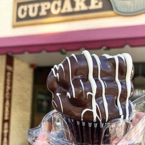 A close-up of a chocolate-covered cupcake with white drizzle, held in a hand outside a bakery.