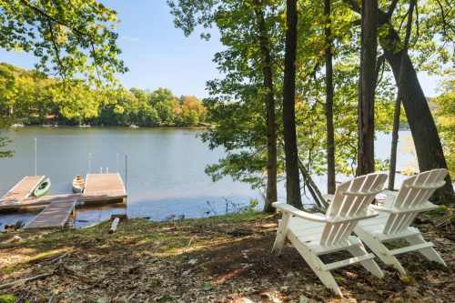 Two white chairs overlook a serene lake surrounded by trees, with a dock and a person in a boat in the distance.