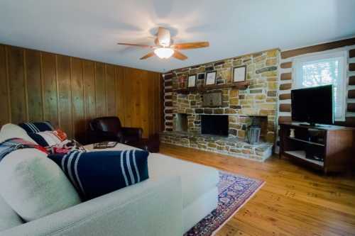 Cozy living room with a stone fireplace, wooden walls, a sofa, and a TV on a wooden stand.