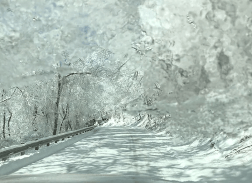 A snowy road lined with frosted trees, viewed through a wet windshield, creating a blurred, wintery scene.