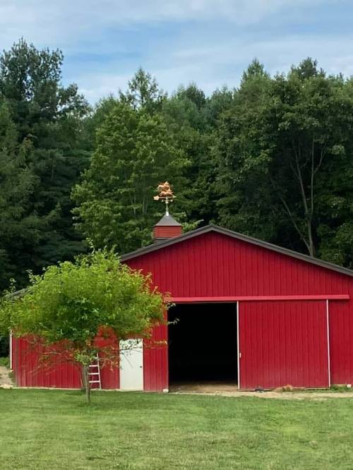 A red barn with a weather vane on top, surrounded by green trees and grass under a partly cloudy sky.