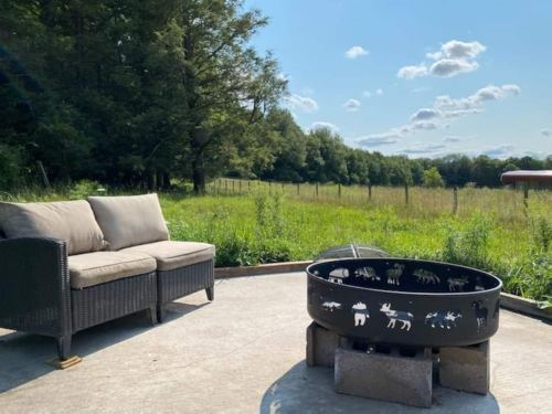 A cozy outdoor seating area with a fire pit, surrounded by lush greenery and a clear blue sky.