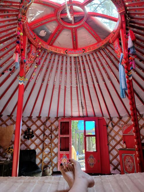 Interior of a colorful yurt with a view of the ceiling and an open door, featuring decorative elements and a cozy atmosphere.