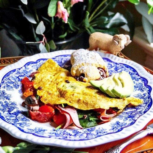 A colorful plate featuring an omelette, avocado, salad, and a pastry, surrounded by greenery.