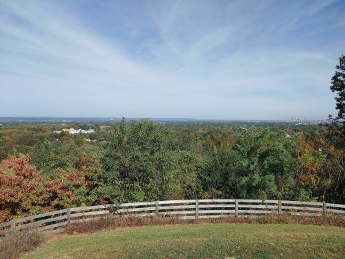 A panoramic view of a lush landscape with trees in autumn colors and a distant city skyline under a blue sky.