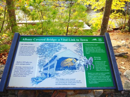 Sign about Albany Covered Bridge, highlighting its history and significance as a vital link to the town. Surrounded by trees.
