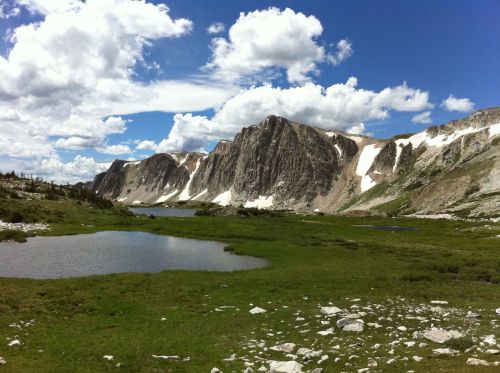 A scenic landscape featuring mountains, a clear blue sky with clouds, and a serene lake surrounded by greenery.