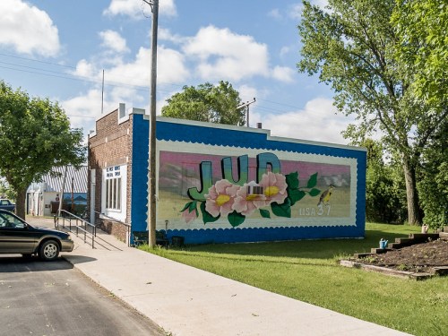Mural on a brick building featuring flowers and the text "JUD USA 37," surrounded by greenery and a clear sky.