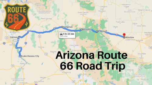 Map of Arizona's Route 66 road trip, highlighting key stops like Oatman, Seligman, Williams, and Lake Havasu City.