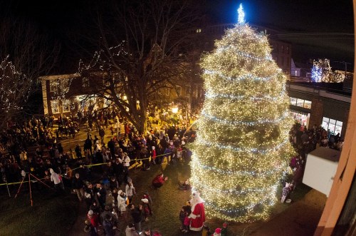 A large, illuminated Christmas tree surrounded by a crowd celebrating at night, with festive lights in the background.
