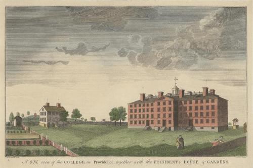 Illustration of a college in Providence, featuring the President's house and gardens, with a cloudy sky above.