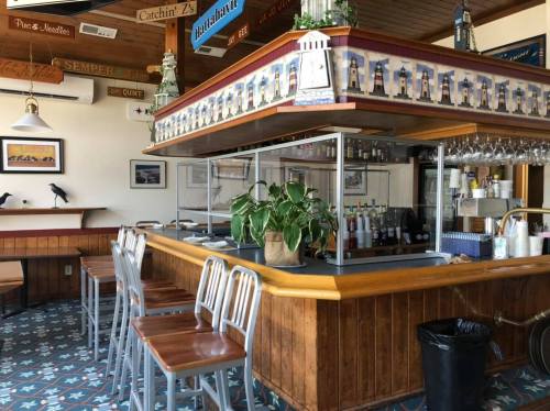 A cozy restaurant bar with wooden accents, high stools, a plant, and shelves displaying decorative items.