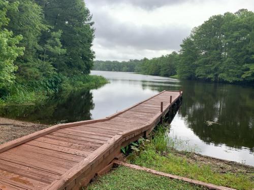 A wooden dock extends into a calm lake, surrounded by lush green trees under a cloudy sky.