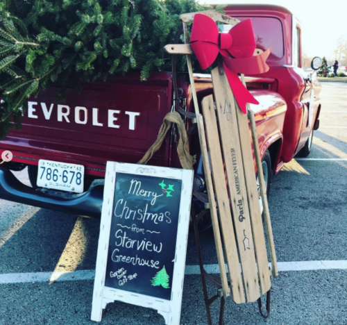 A vintage red Chevrolet truck with a Christmas sign and sled, decorated with a bow, in a festive outdoor setting.