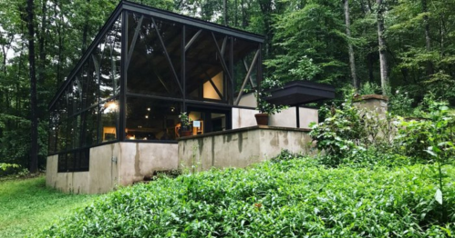 Modern glass house nestled in a lush green forest, surrounded by trees and vegetation.