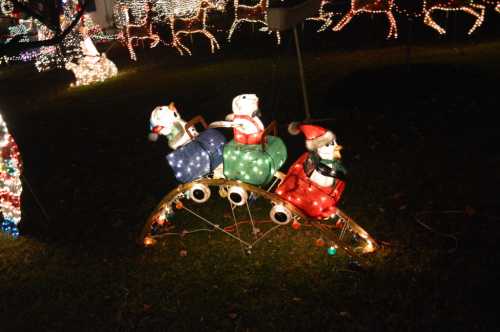 Three festive characters in a sleigh, decorated with colorful lights, set against a backdrop of holiday decorations.