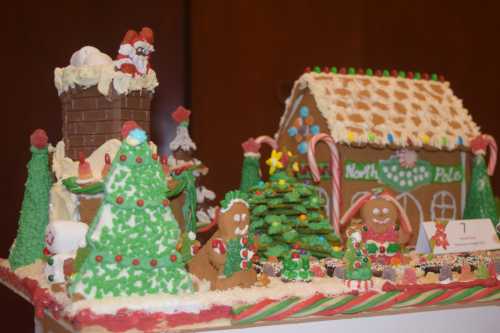 A festive gingerbread scene featuring a house, trees, and Santa on a chimney, decorated with colorful candies.