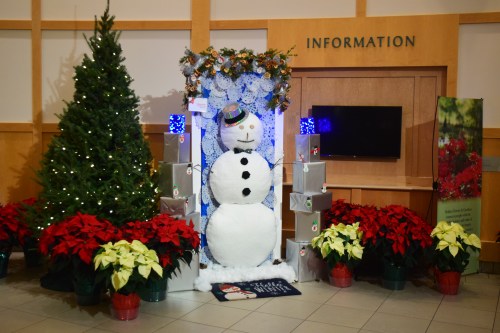 A festive display featuring a snowman, Christmas tree, and poinsettias in a lobby area.